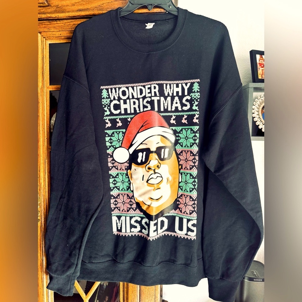 Men’s Ugly Christmas Sweater Crewneck Notorious B.I.G. Biggy Smalls Sz XL🎄🎅🏾